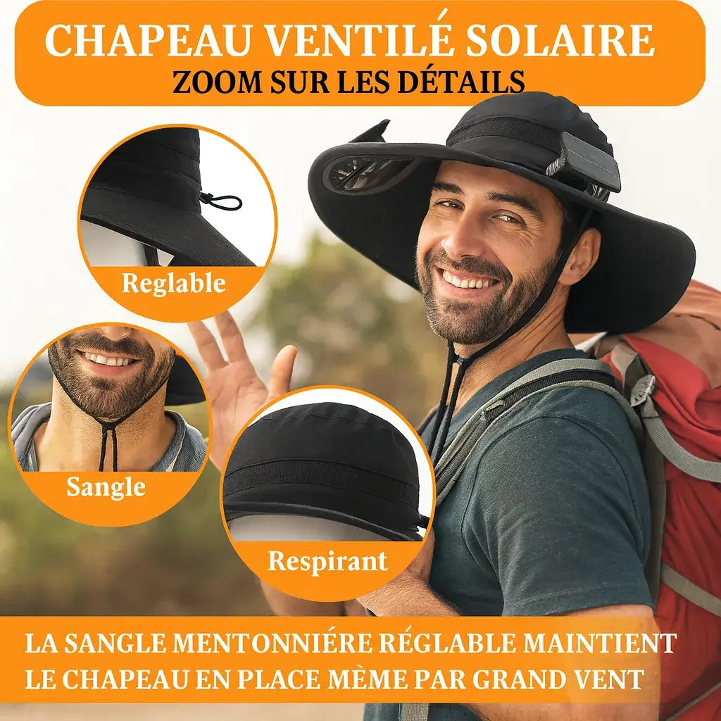 Chapeau ventilateur solaire – large bord, 2 mini-ventilos