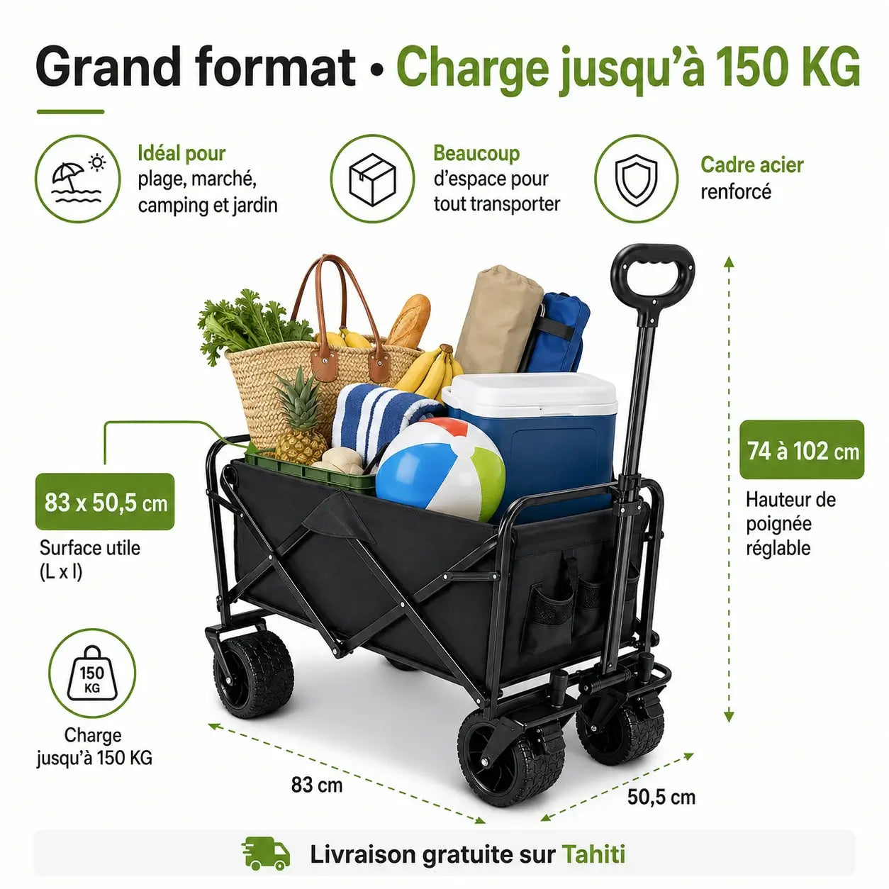 Chariot de Transport Pliable Tout-Terrain – Capacité 150 KG | Roues 360° & Double Frein