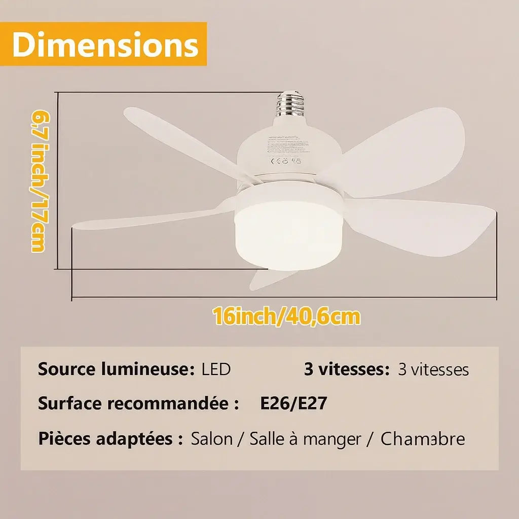Ventilateur plafond sur douille E27 – LED dimmable + télécommande