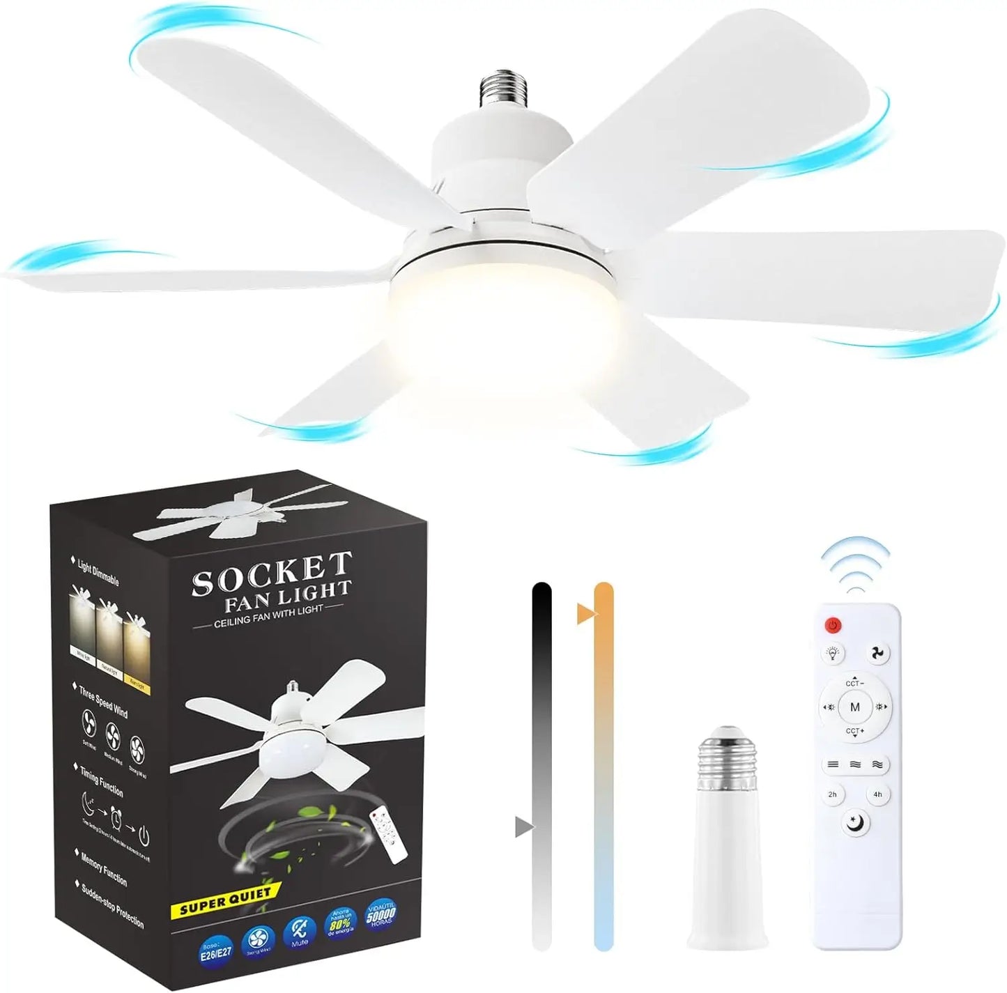Ventilateur plafond sur douille E27 – LED dimmable + télécommande