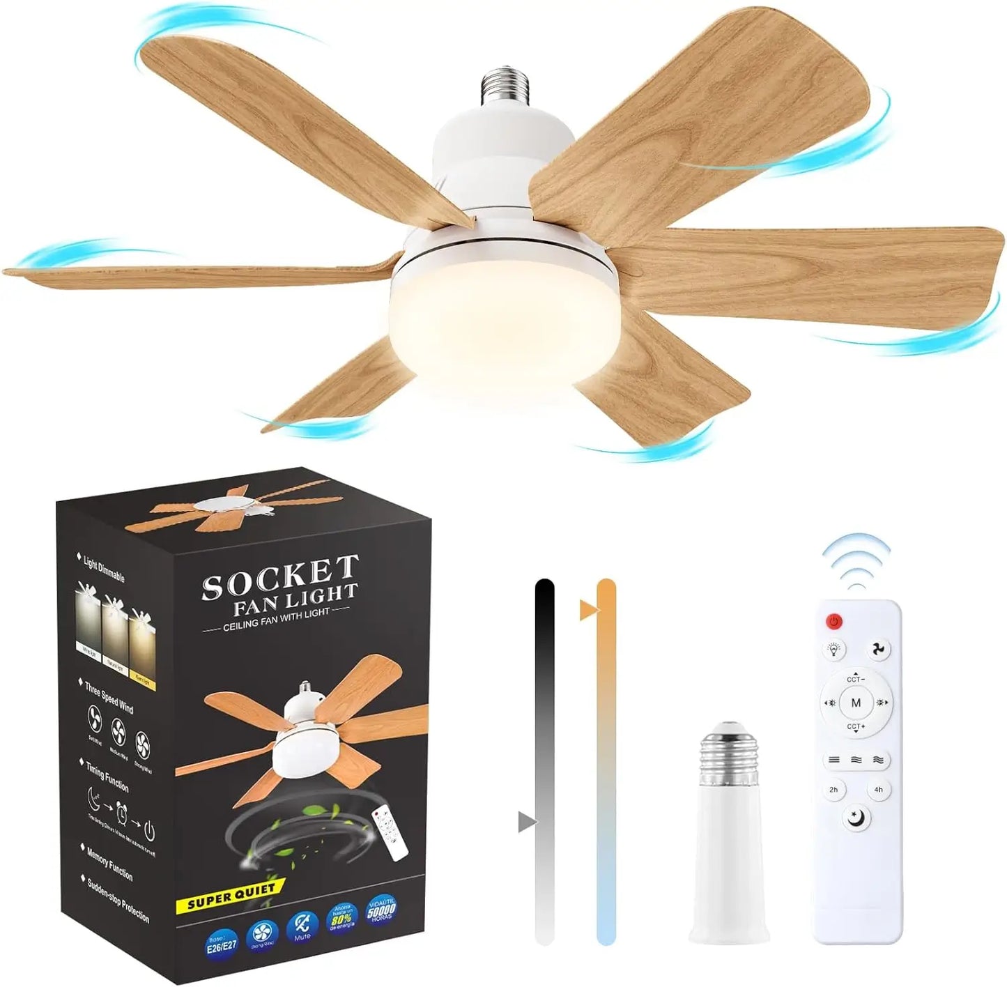 Ventilateur plafond sur douille E27 – LED dimmable + télécommande