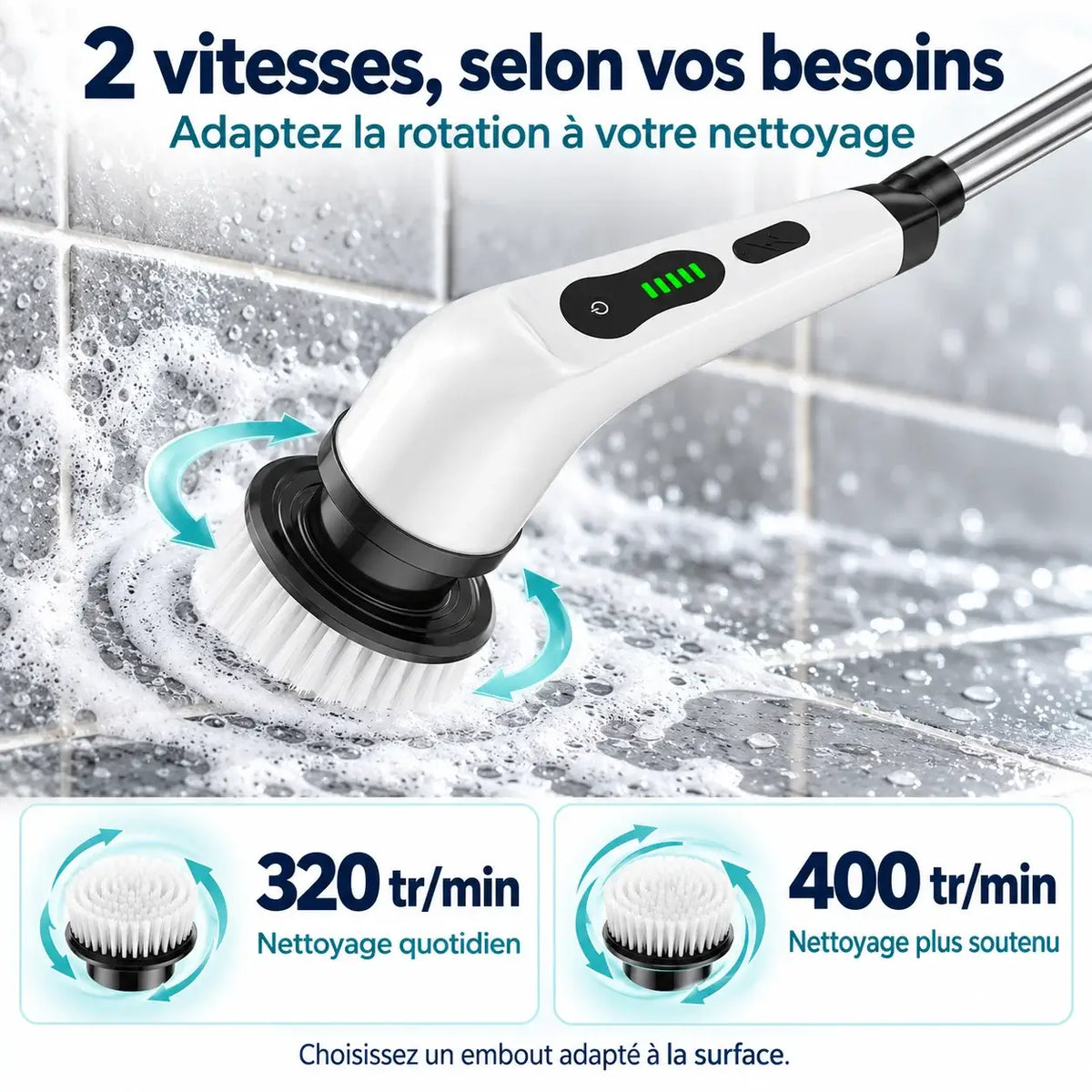 Brosse électrique rotative rechargeable – 2 vitesses et manche télescopique