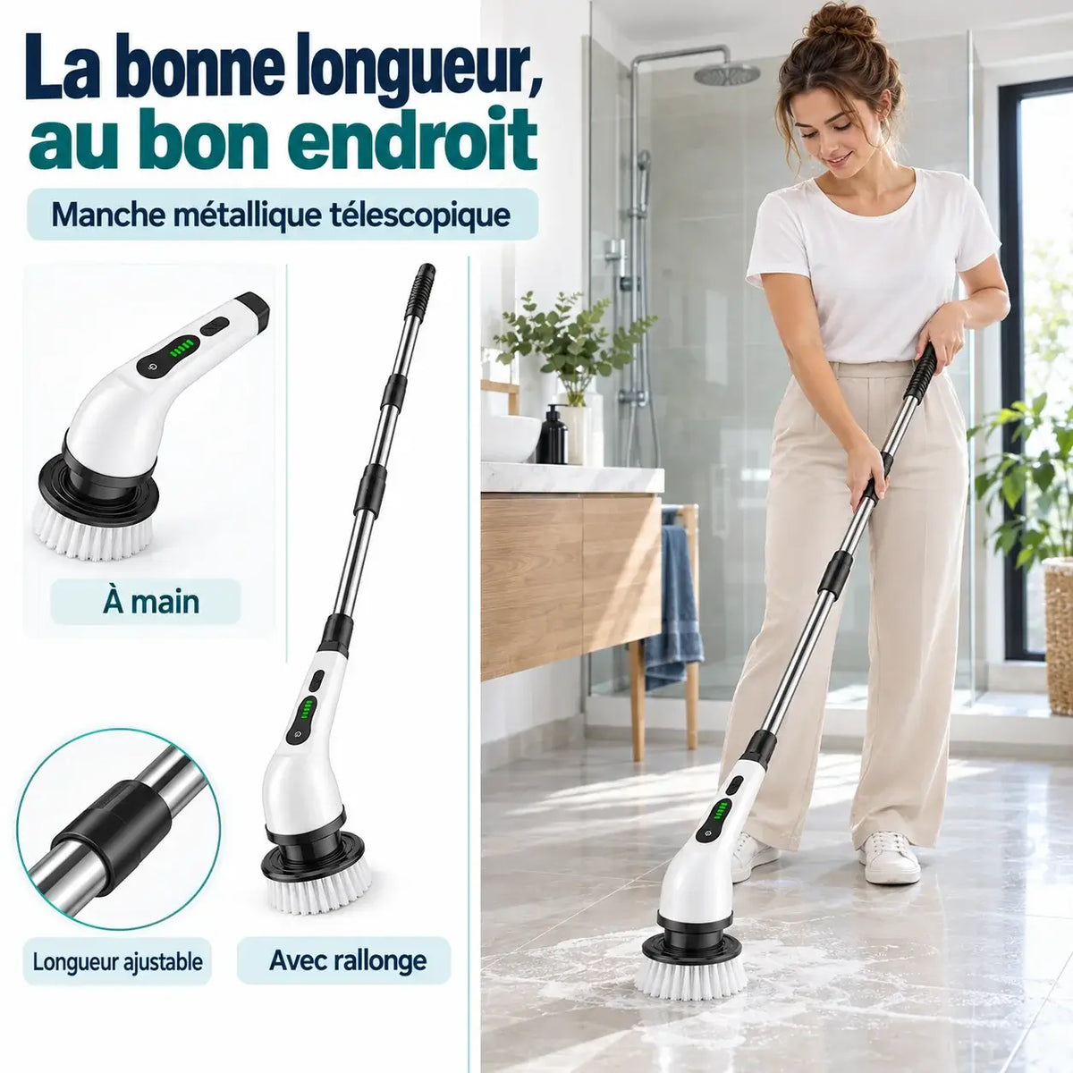 Brosse électrique rotative rechargeable – 2 vitesses et manche télescopique