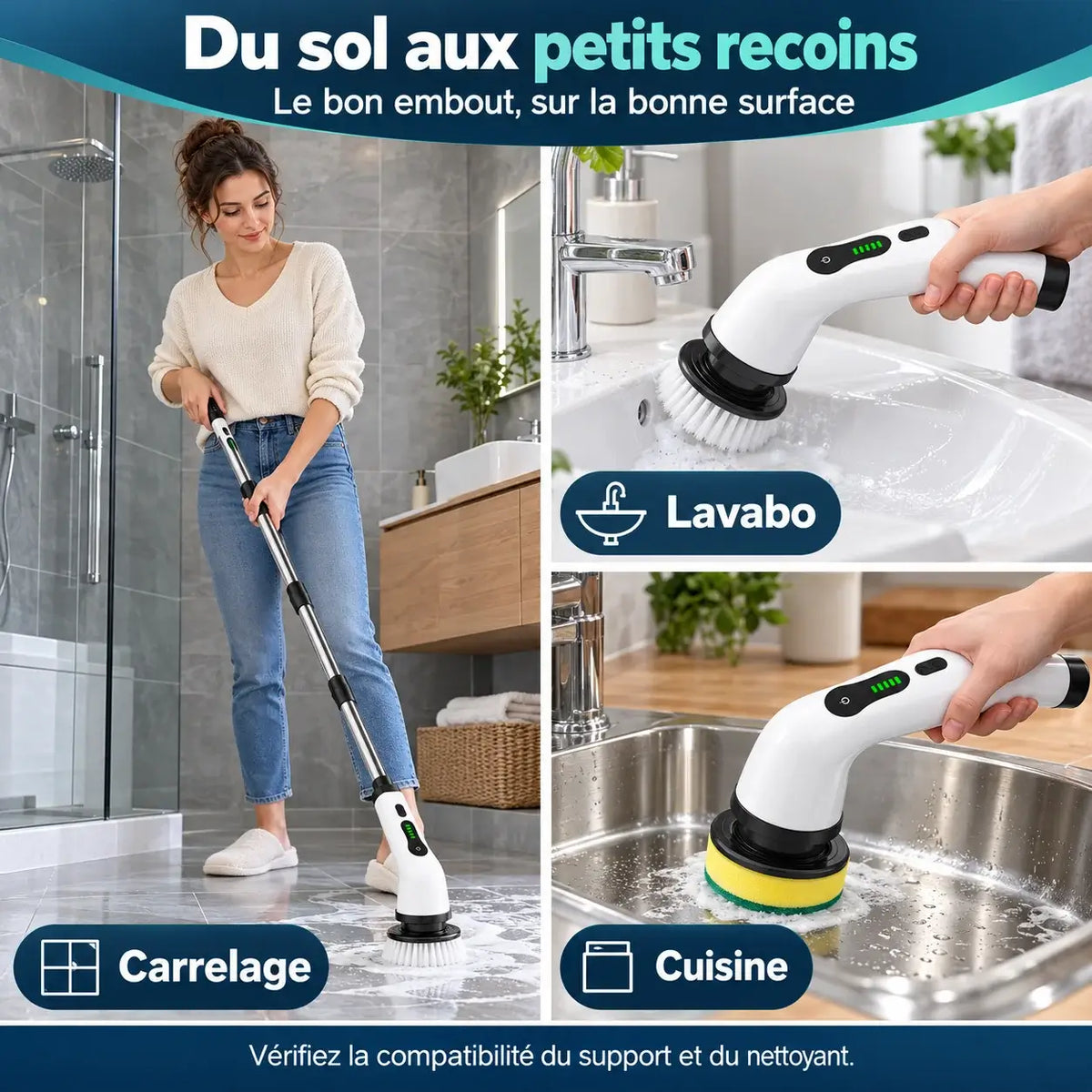 Brosse électrique rotative rechargeable – 2 vitesses et manche télescopique