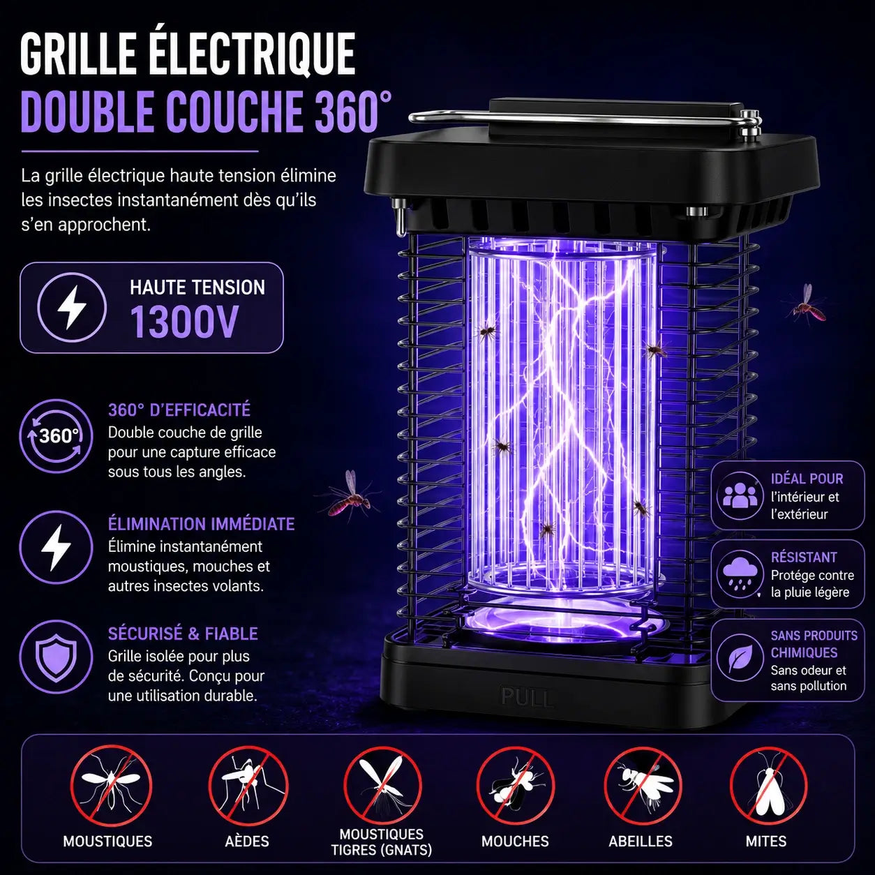 Tue-Moustiques Solaire & Électrique 1300V — IP65, Protection 360°