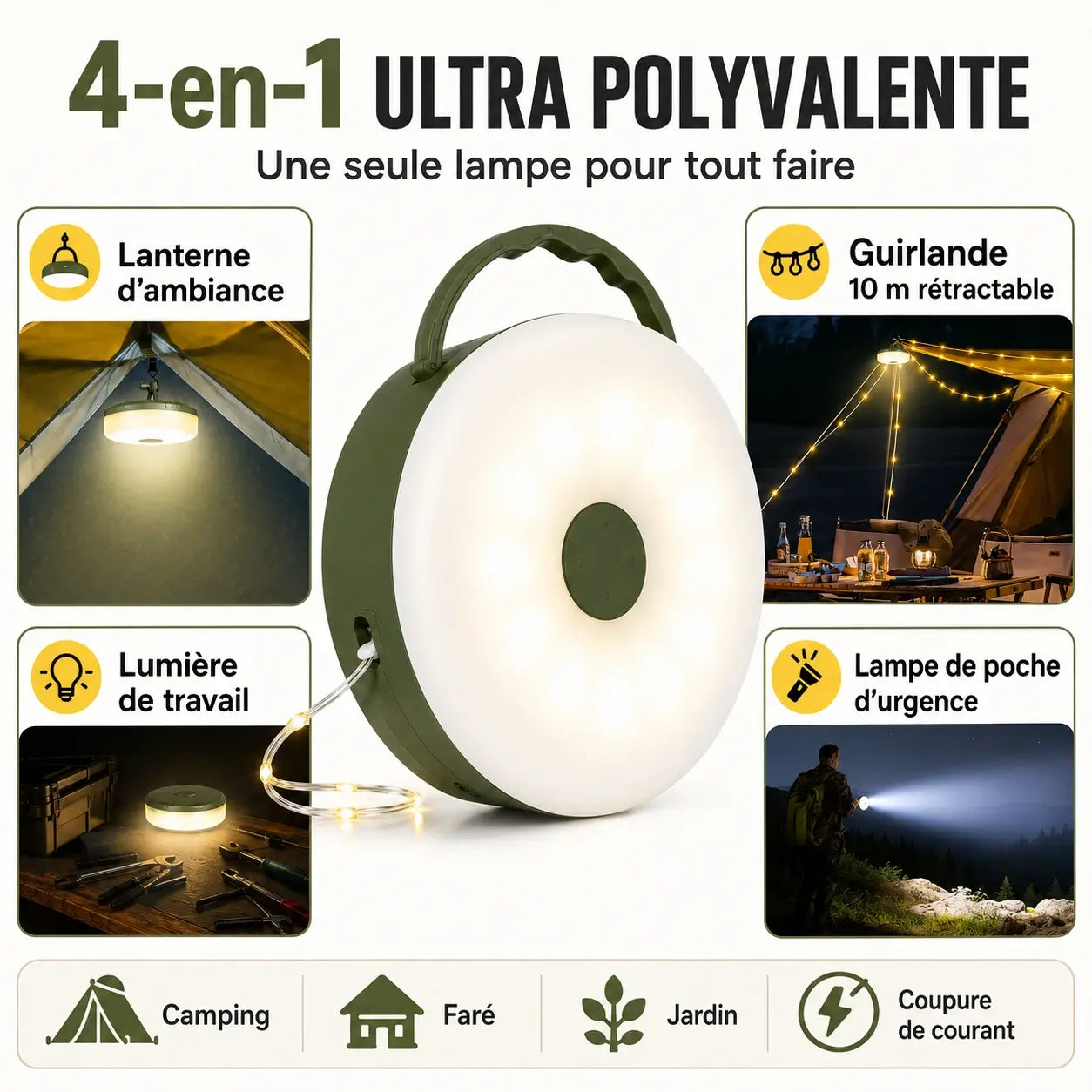 Lampe Camping LED 4-en-1 avec Guirlande Lumineuse Rechargeable