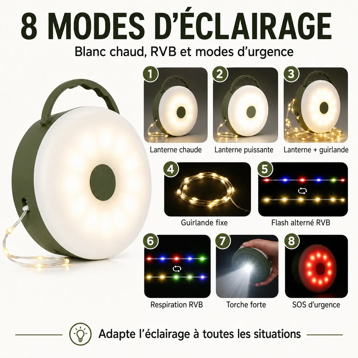 Lampe Camping LED 4-en-1 avec Guirlande Lumineuse Rechargeable