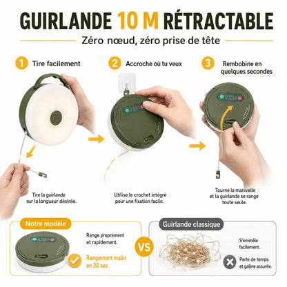 Lampe Camping LED 4-en-1 avec Guirlande Lumineuse Rechargeable