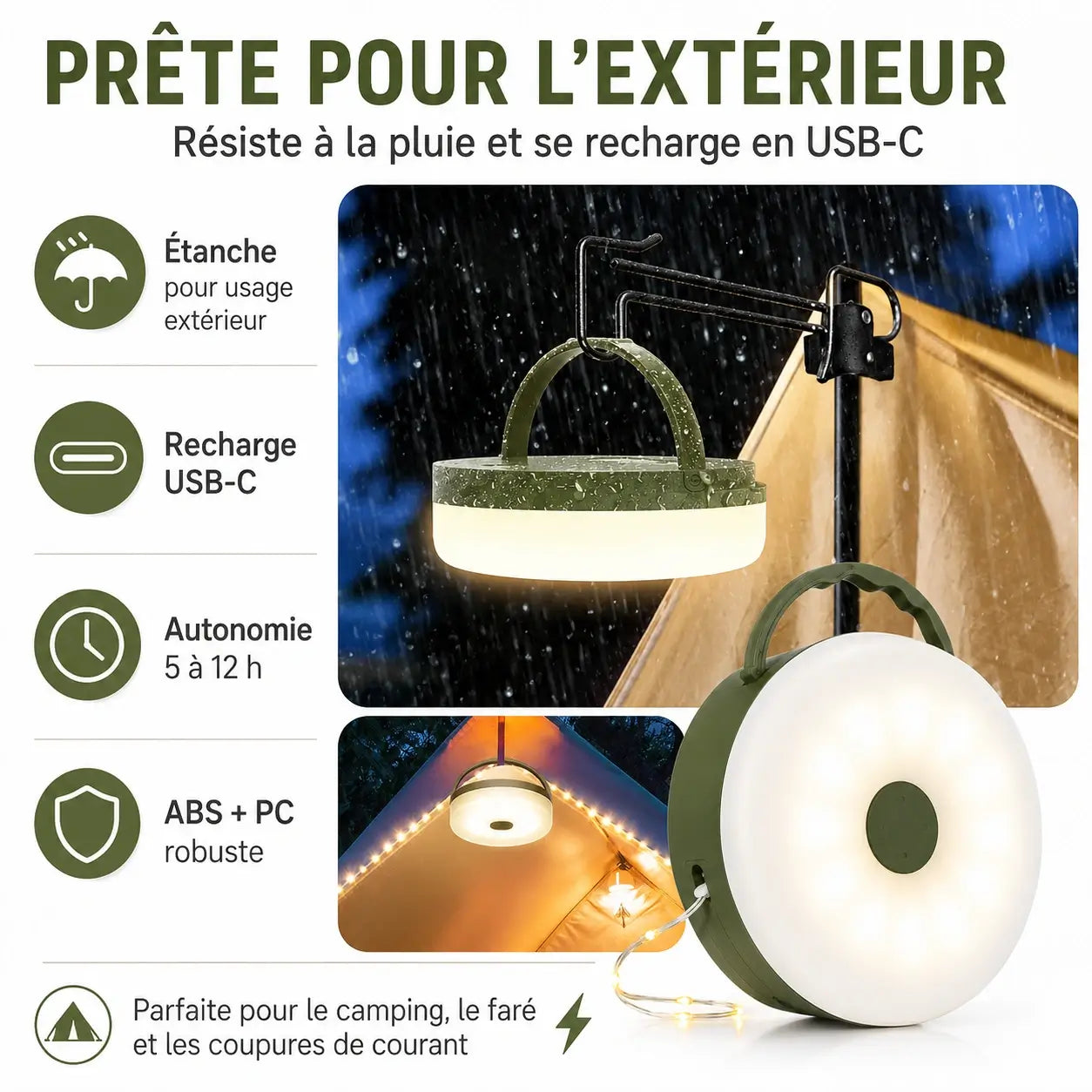 Lampe Camping LED 4-en-1 avec Guirlande Lumineuse Rechargeable
