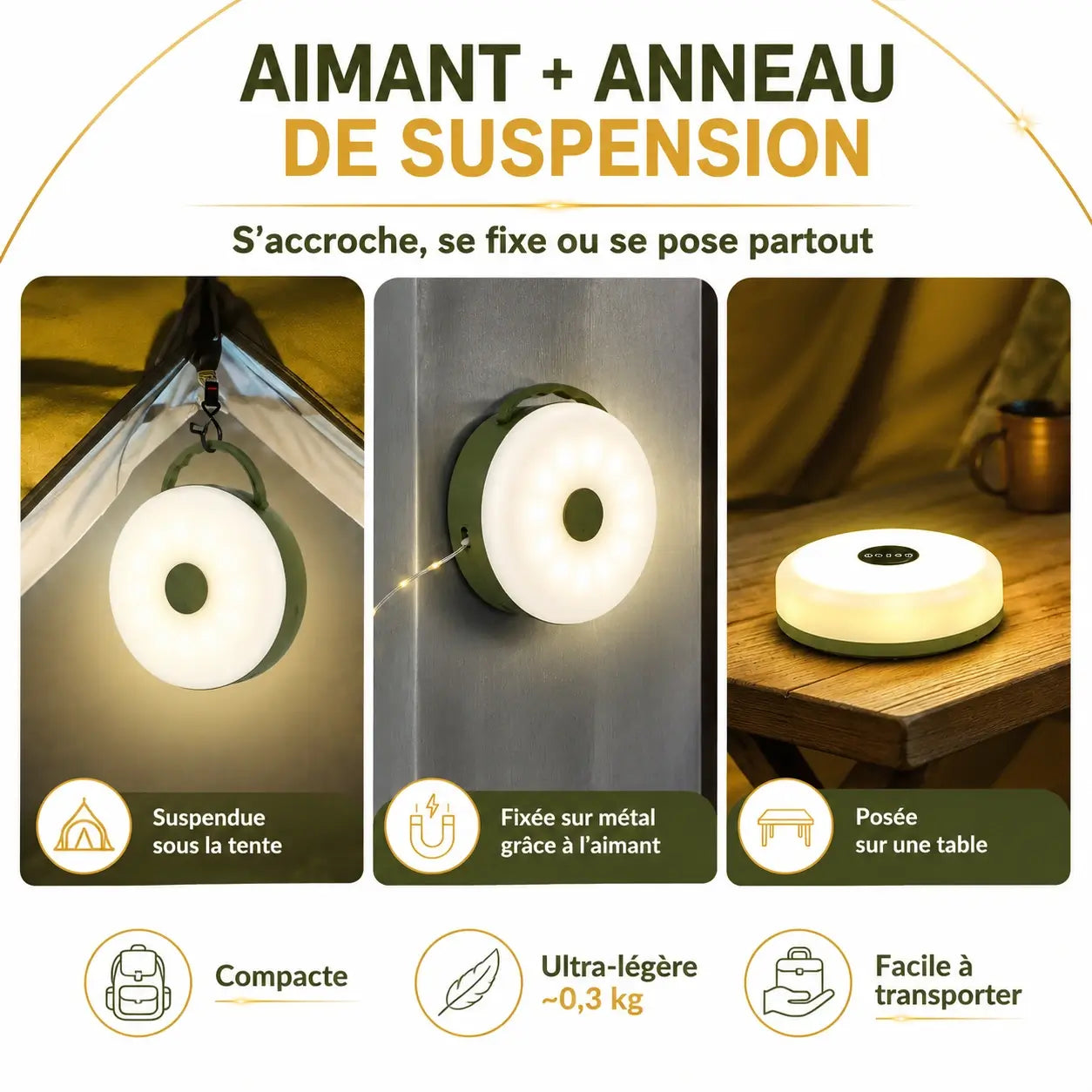 Lampe Camping LED 4-en-1 avec Guirlande Lumineuse Rechargeable