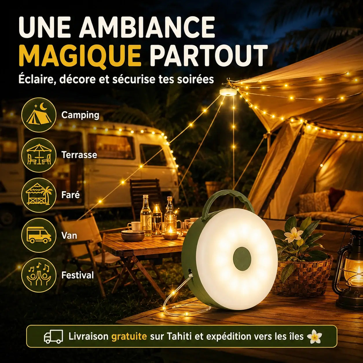 Lampe Camping LED 4-en-1 avec Guirlande Lumineuse Rechargeable