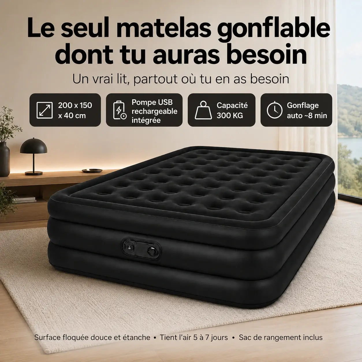 Matelas Gonflable 2 Places – Pompe USB Rechargeable & Arrêt Auto | Camping & Maison
