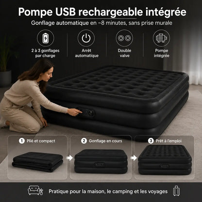 Matelas Gonflable 2 Places – Pompe USB Rechargeable & Arrêt Auto | Camping & Maison