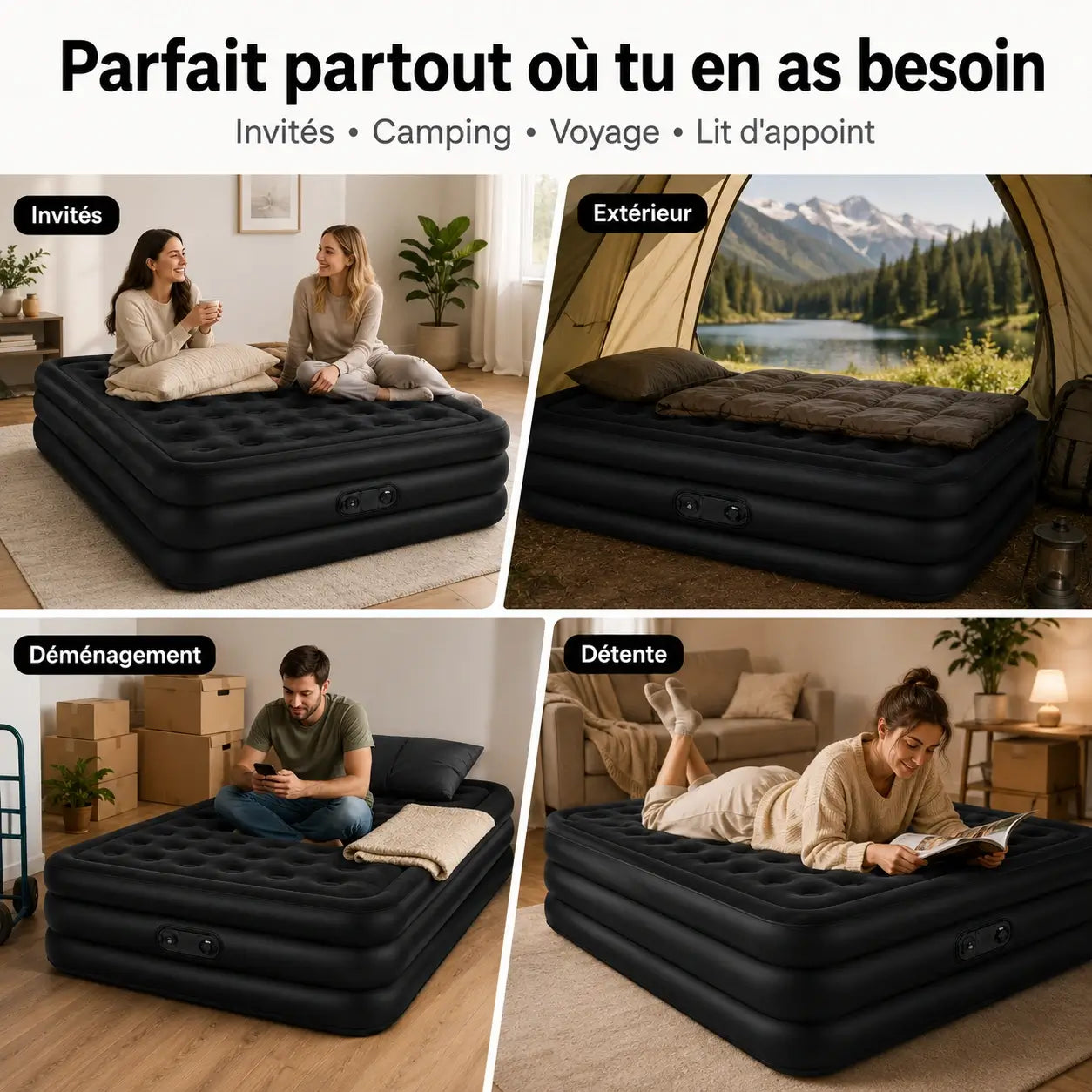 Matelas Gonflable 2 Places – Pompe USB Rechargeable & Arrêt Auto | Camping & Maison