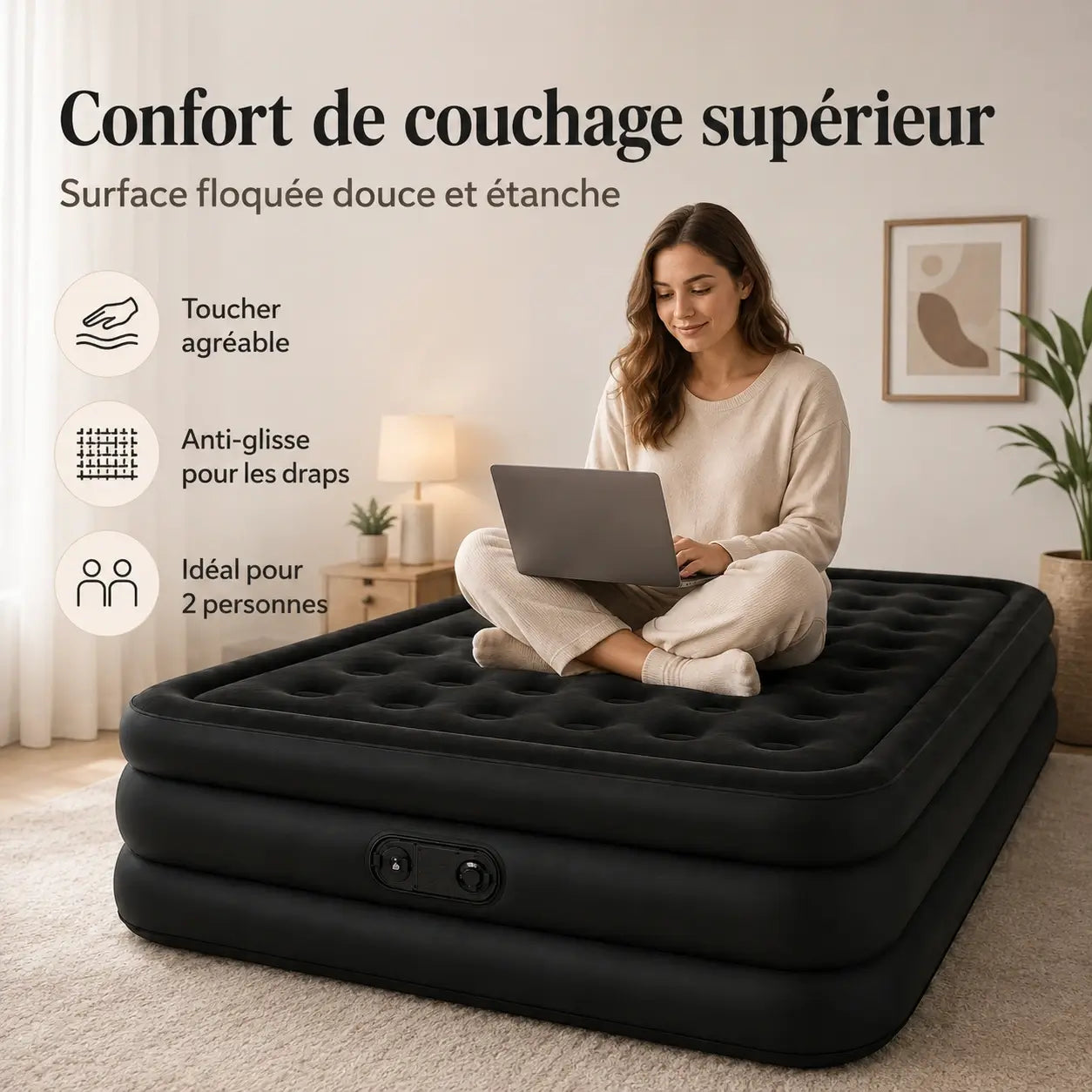 Matelas Gonflable 2 Places – Pompe USB Rechargeable & Arrêt Auto | Camping & Maison