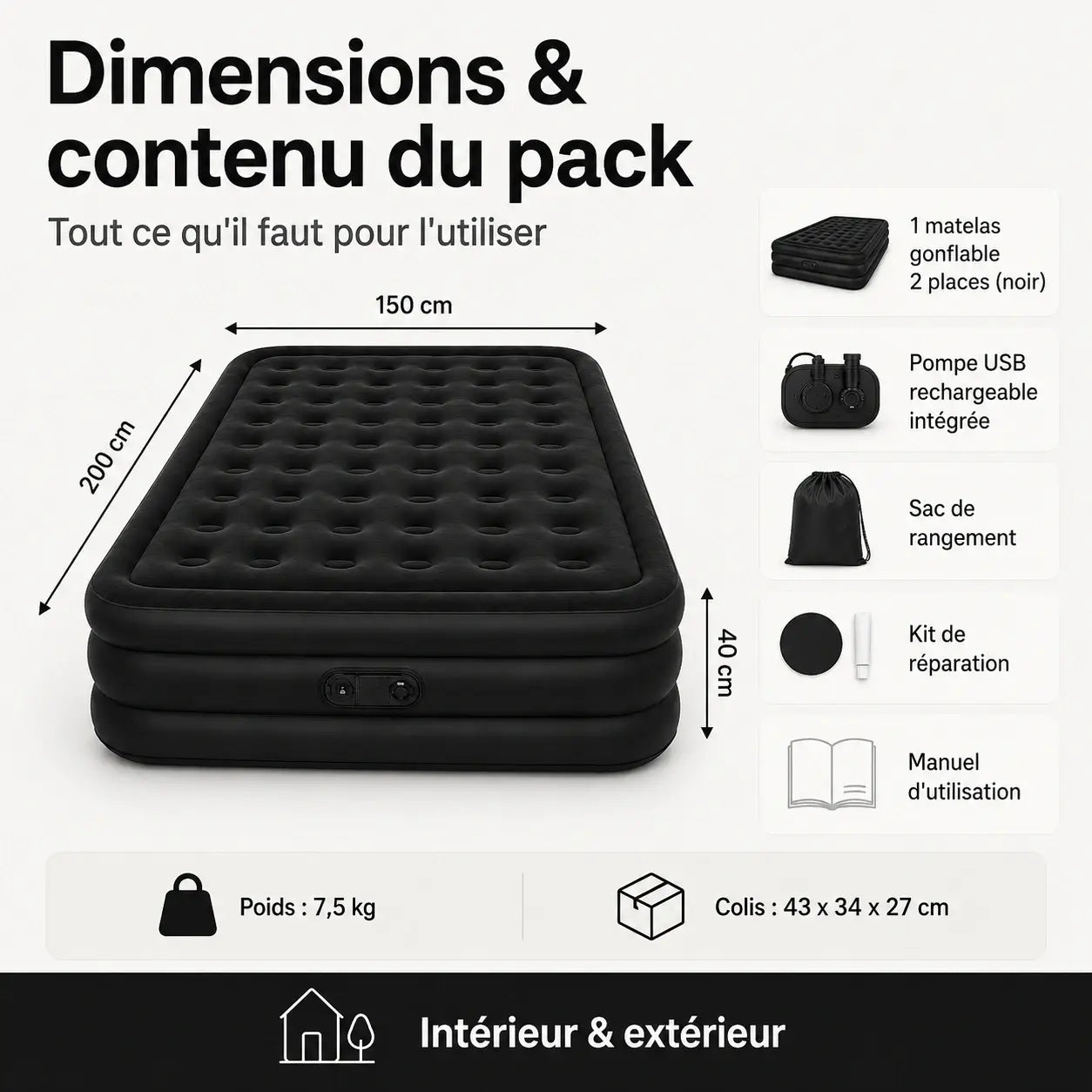 Matelas Gonflable 2 Places – Pompe USB Rechargeable & Arrêt Auto | Camping & Maison