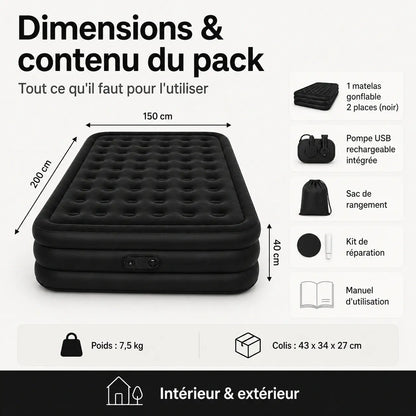 Matelas Gonflable 2 Places – Pompe USB Rechargeable & Arrêt Auto | Camping & Maison