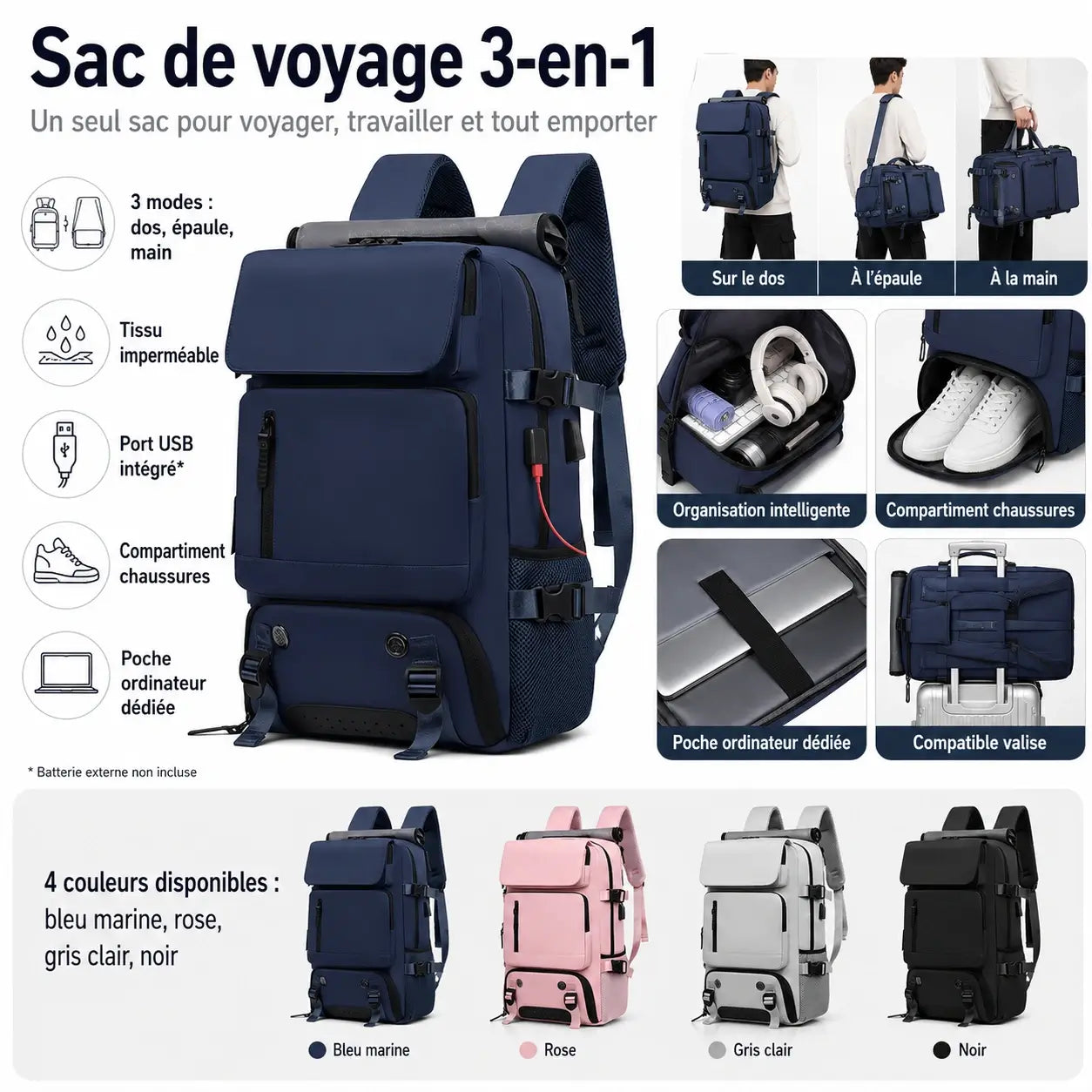 Sac de Voyage 3-en-1 Imperméable – Port USB & Compartiment Chaussures