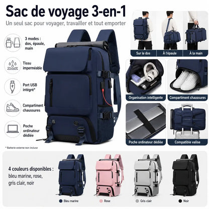 Sac de Voyage 3-en-1 Imperméable – Port USB & Compartiment Chaussures