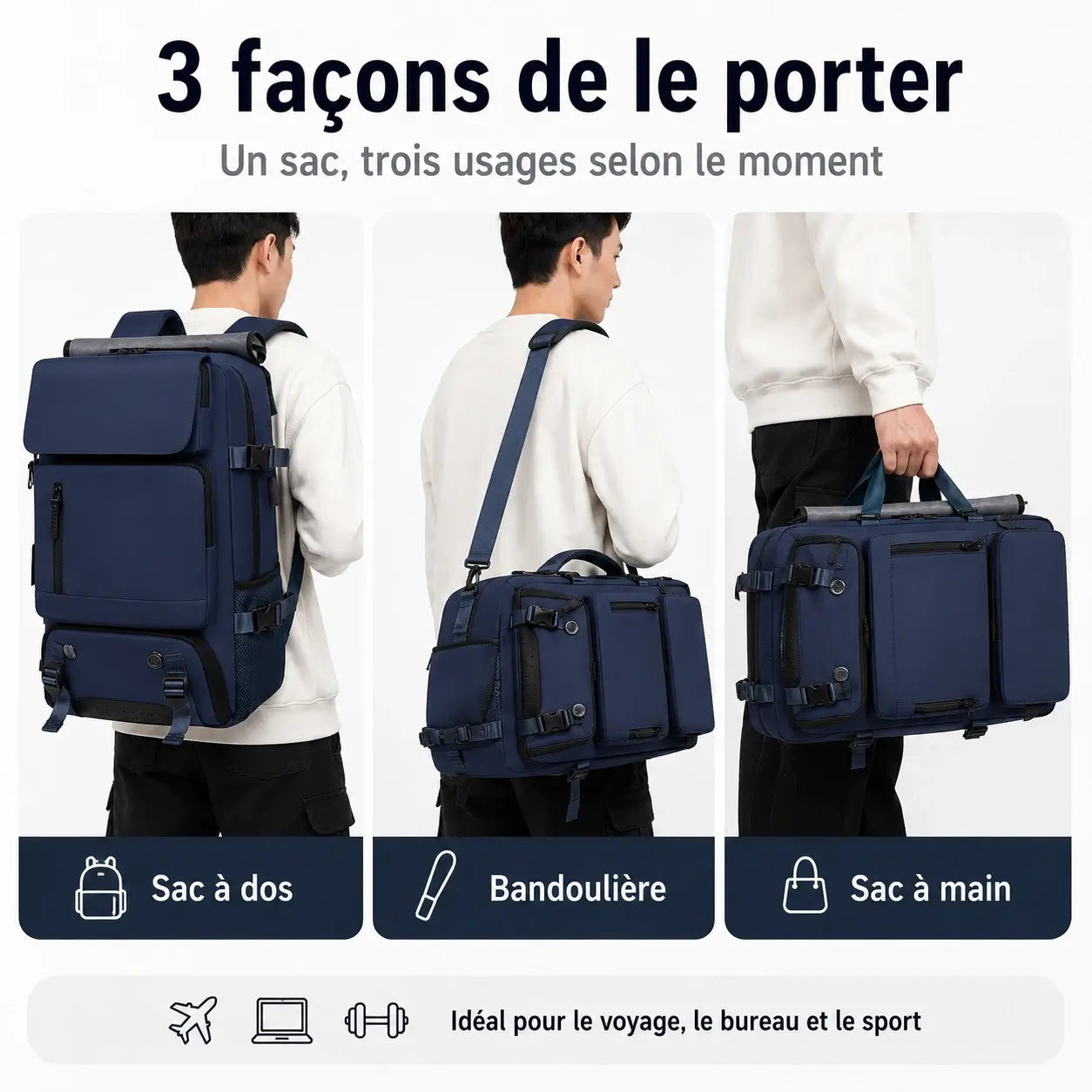 Sac de Voyage 3-en-1 Imperméable – Port USB & Compartiment Chaussures
