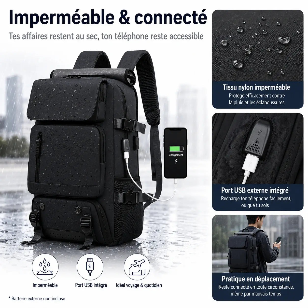 Sac de Voyage 3-en-1 Imperméable – Port USB & Compartiment Chaussures