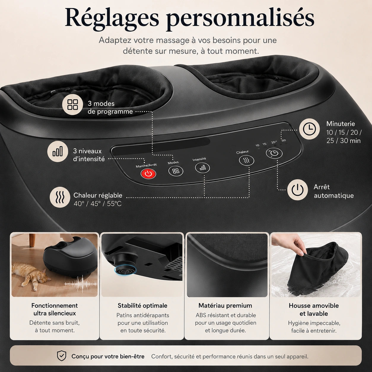Masseur de Pieds Électrique Shiatsu – Chaleur 3 Niveaux & Airbags | Rouleaux + Minuterie