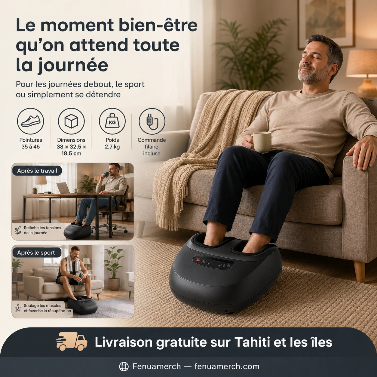 Masseur de Pieds Électrique Shiatsu – Chaleur 3 Niveaux & Airbags | Rouleaux + Minuterie