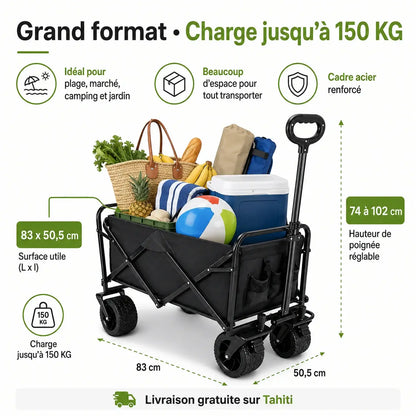 Chariot de Transport Pliable Tout-Terrain – Capacité 150 KG | Roues 360° & Double Frein