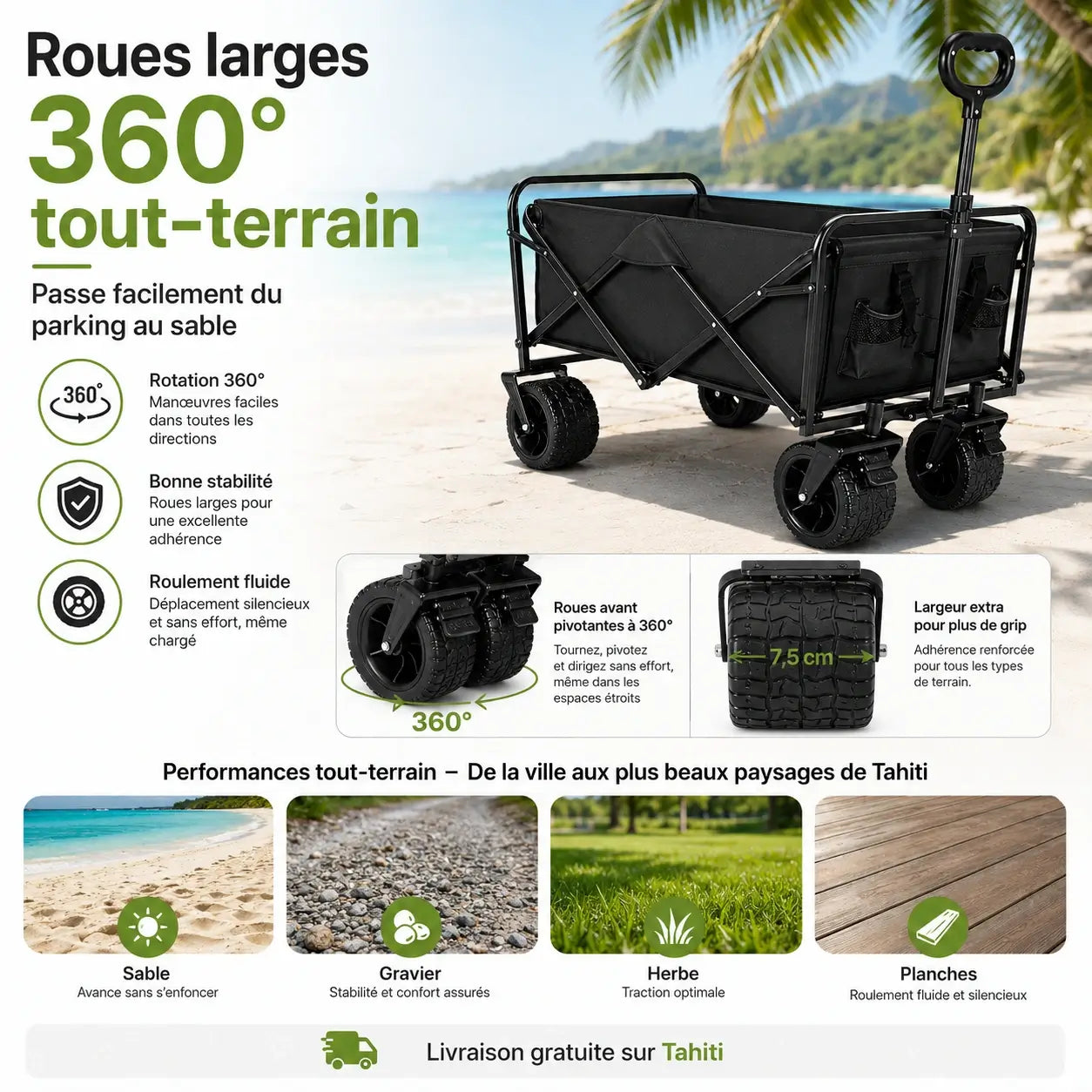Chariot de Transport Pliable Tout-Terrain – Capacité 150 KG | Roues 360° & Double Frein