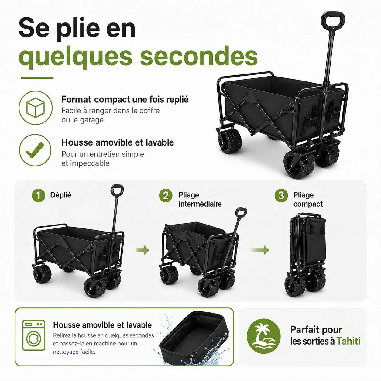 Chariot de Transport Pliable Tout-Terrain – Capacité 150 KG | Roues 360° & Double Frein