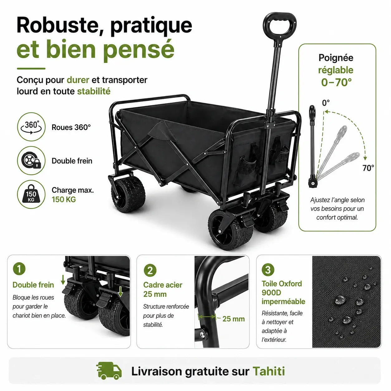 Chariot de Transport Pliable Tout-Terrain – Capacité 150 KG | Roues 360° & Double Frein