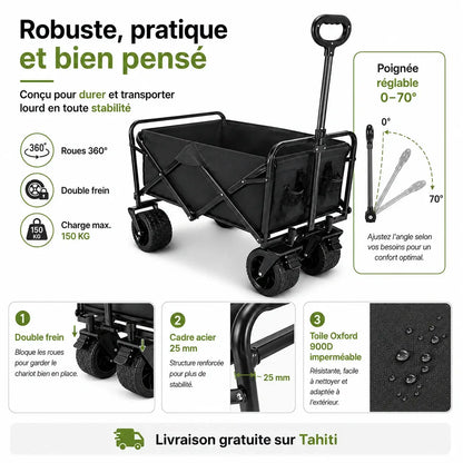 Chariot de Transport Pliable Tout-Terrain – Capacité 150 KG | Roues 360° & Double Frein