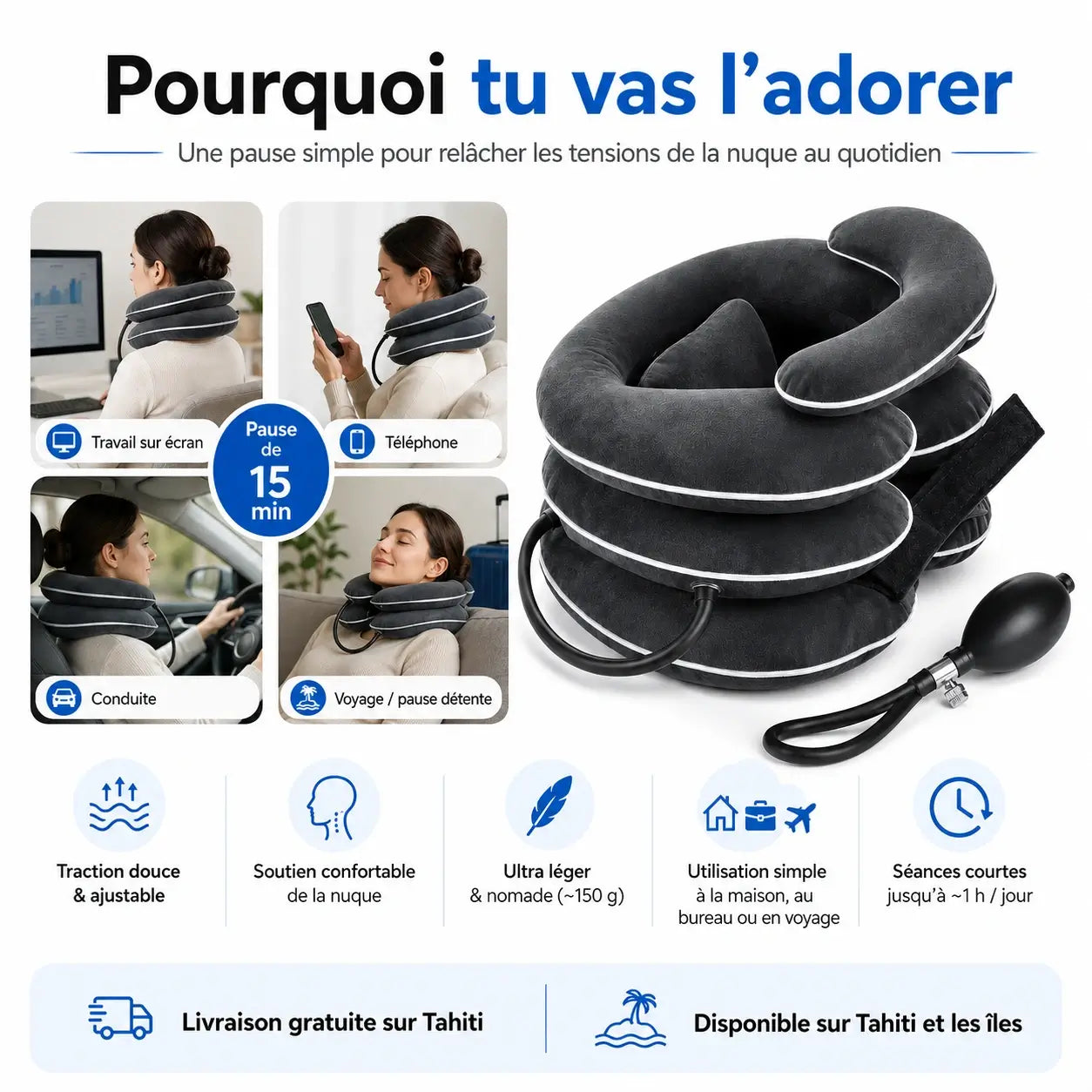 Coussin de Traction Cervicale Gonflable – Détente Nuque & Épaules | Ajustable & Nomade