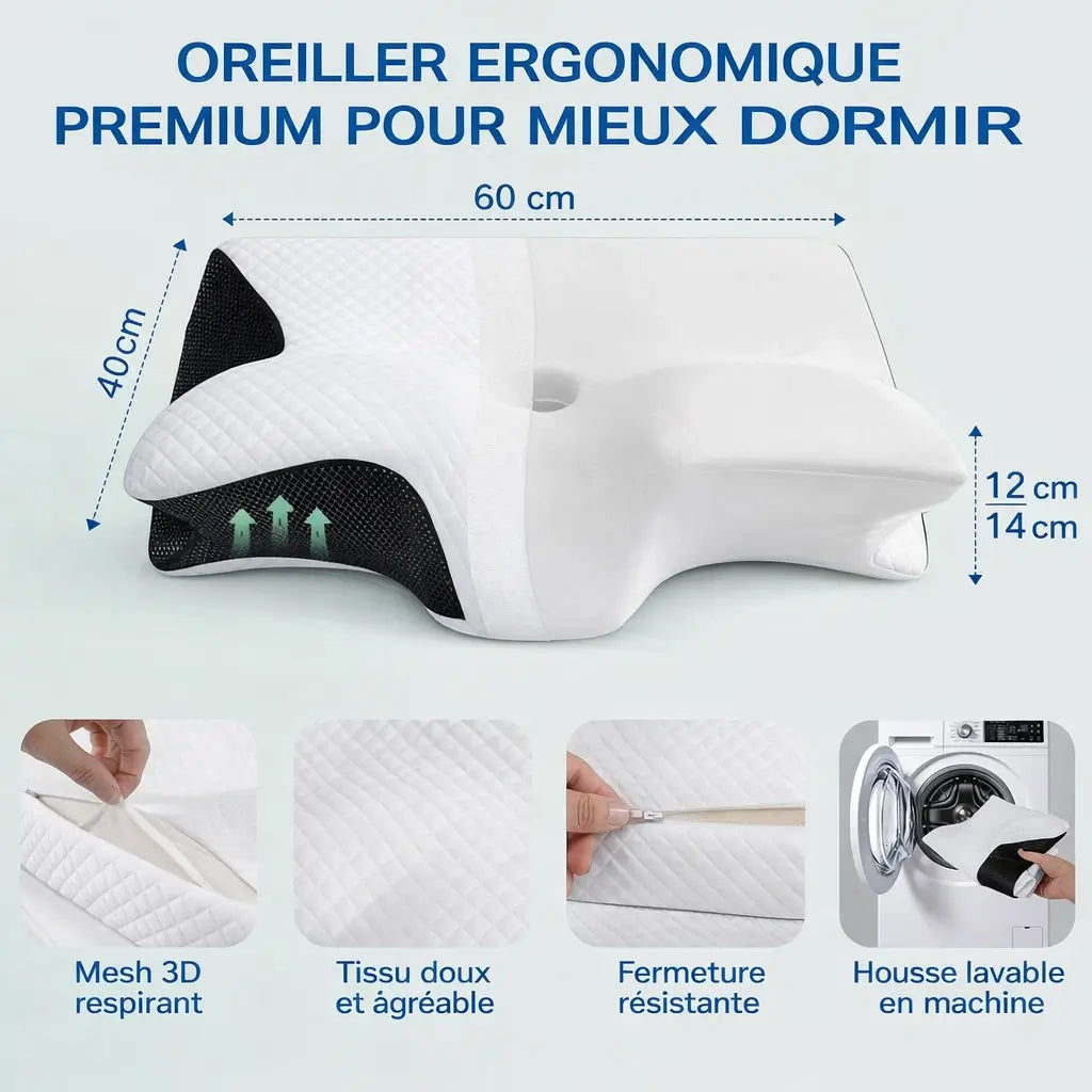 Oreiller Cervical Ergonomique 2-en-1 (Mémoire de Forme)