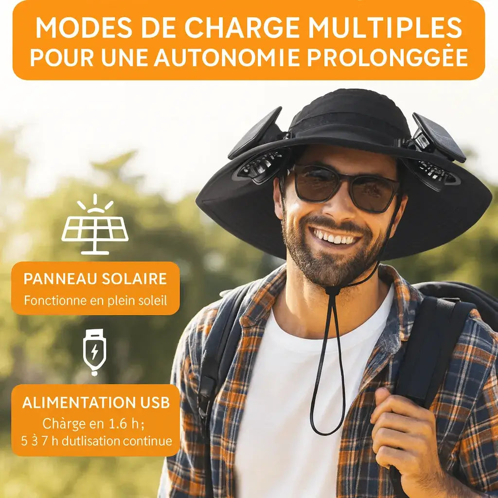 Chapeau ventilateur solaire – large bord, 2 mini-ventilos