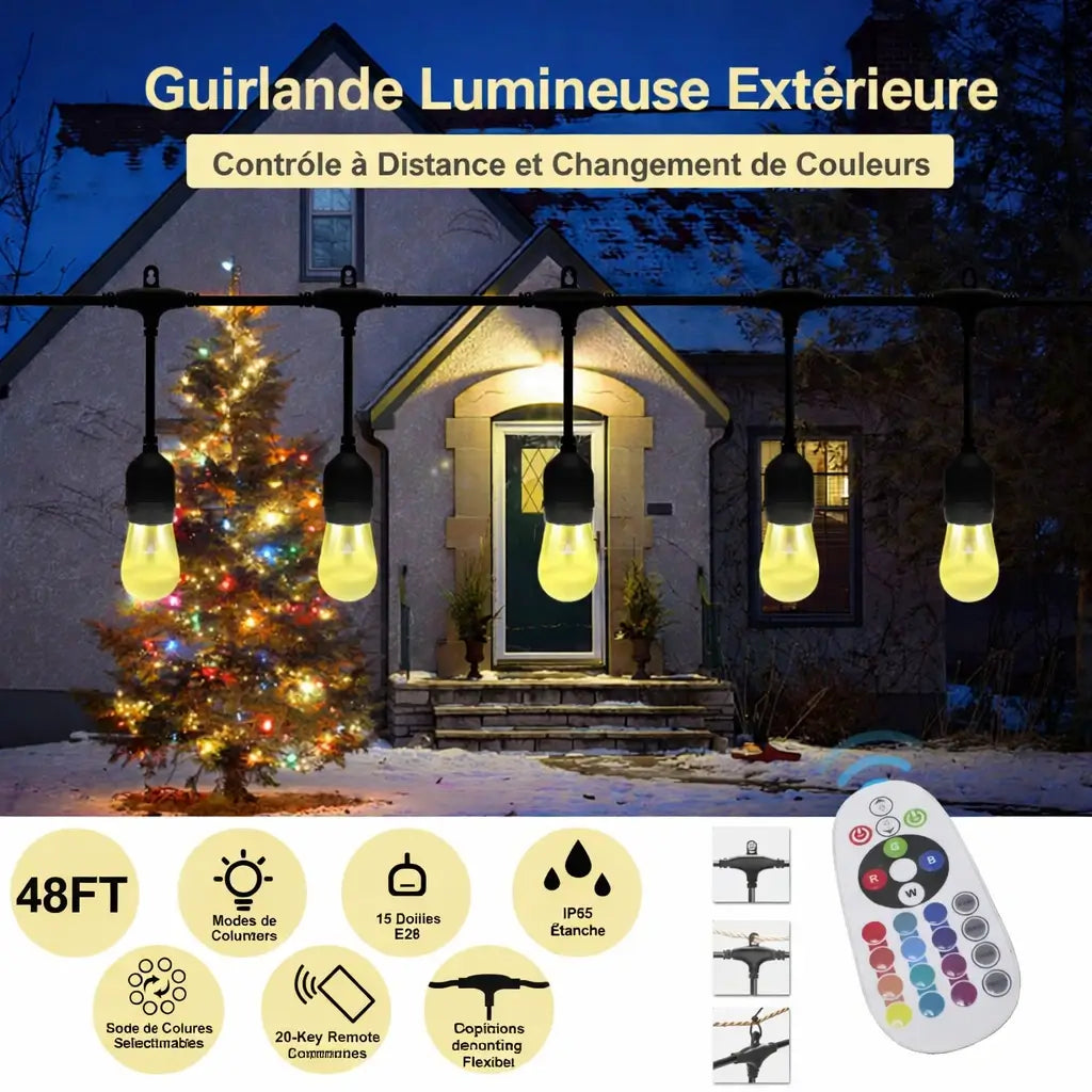 Guirlande solaire couleur RGBW - 15M & 15 Ampoules