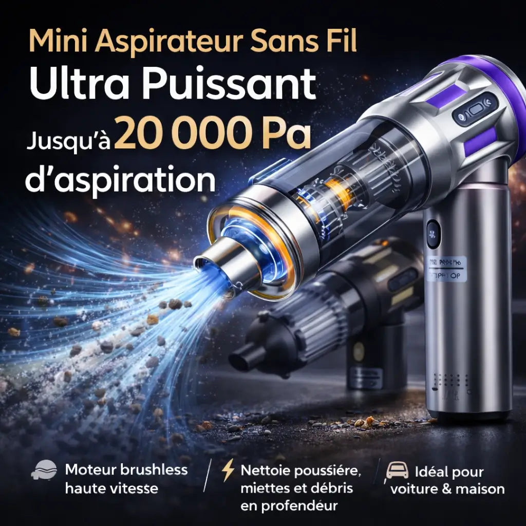 Mini Aspirateur Voiture Sans Fil 2-en-1 (Aspire + Souffle) – 20 000 Pa