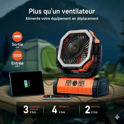 Ventilateur de Camping Rechargeable + LED 6000K – IP65 – 20 000 mAh (USB/Solaire)
