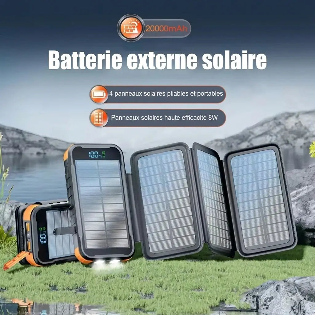 Batterie Externe Solaire 20 000 mAh – 4 Panneaux Pliables