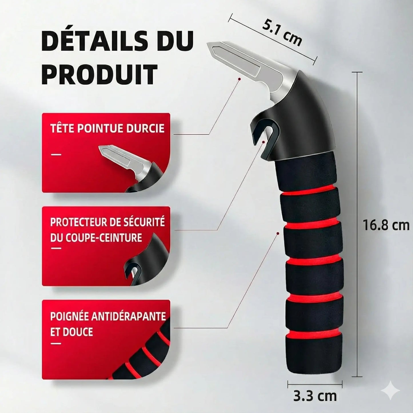 Poignée d’assistance voiture 3-en-1 – Support 159 kg + Brise-vitre + Coupe-ceinture