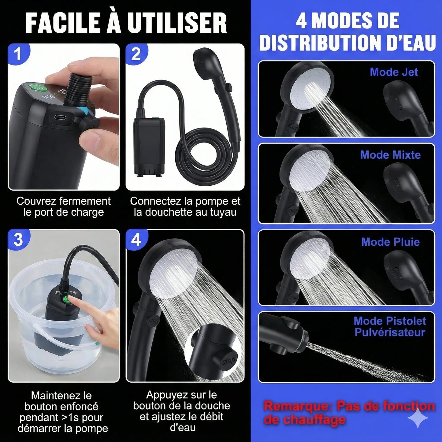 Douche Portable Rechargeable 6000 mAh – 4 Modes