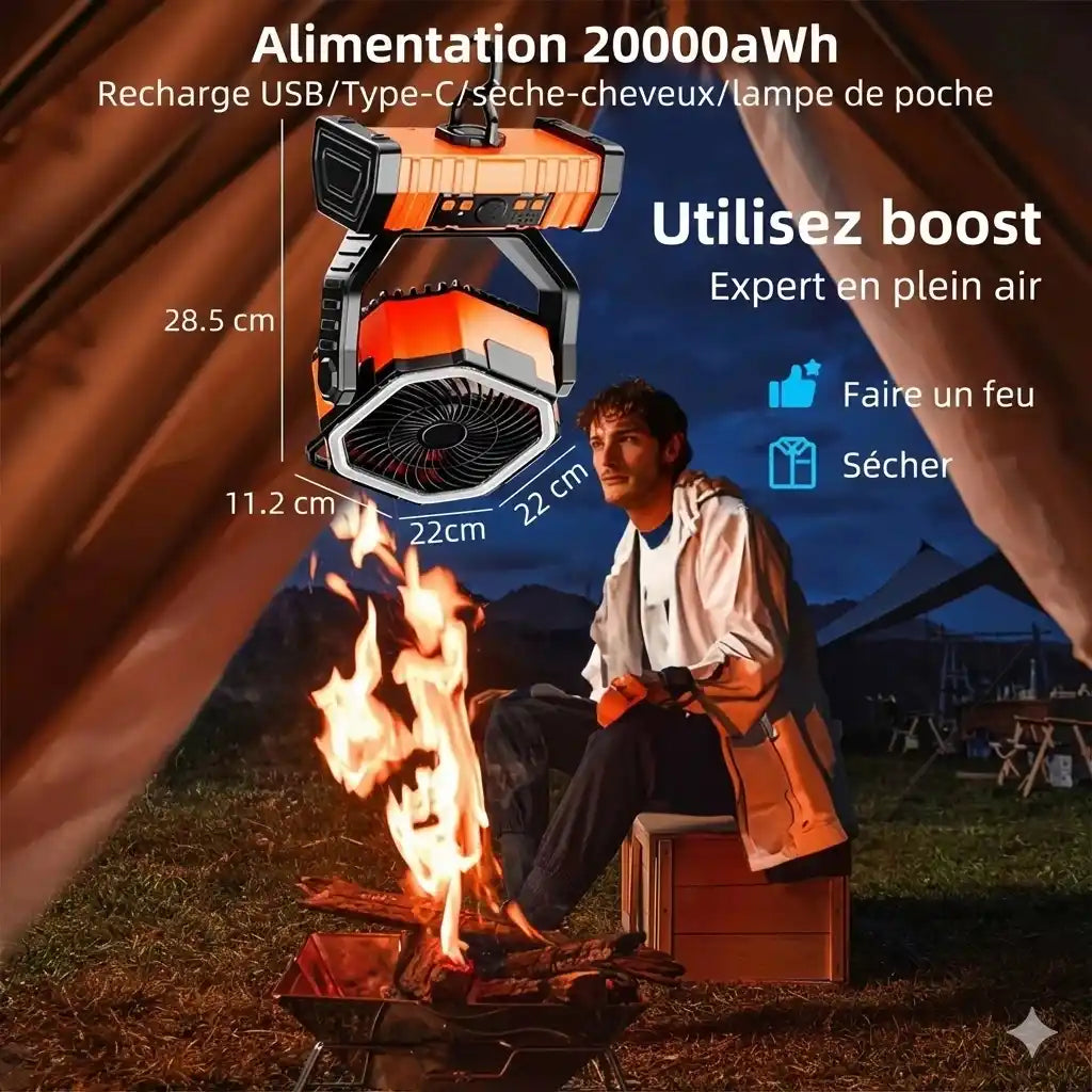 Ventilateur de Camping Rechargeable + LED 6000K – IP65 – 20 000 mAh (USB/Solaire)