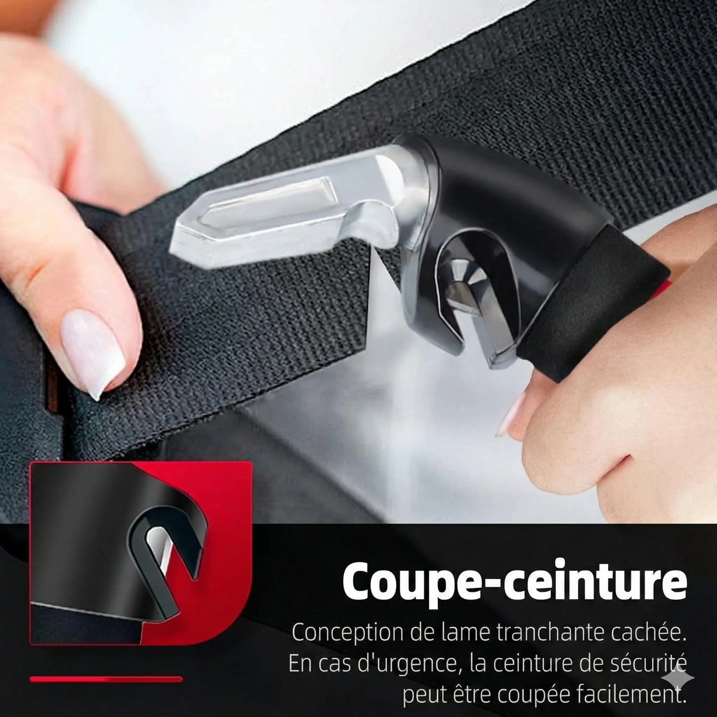 Poignée d’assistance voiture 3-en-1 – Support 159 kg + Brise-vitre + Coupe-ceinture