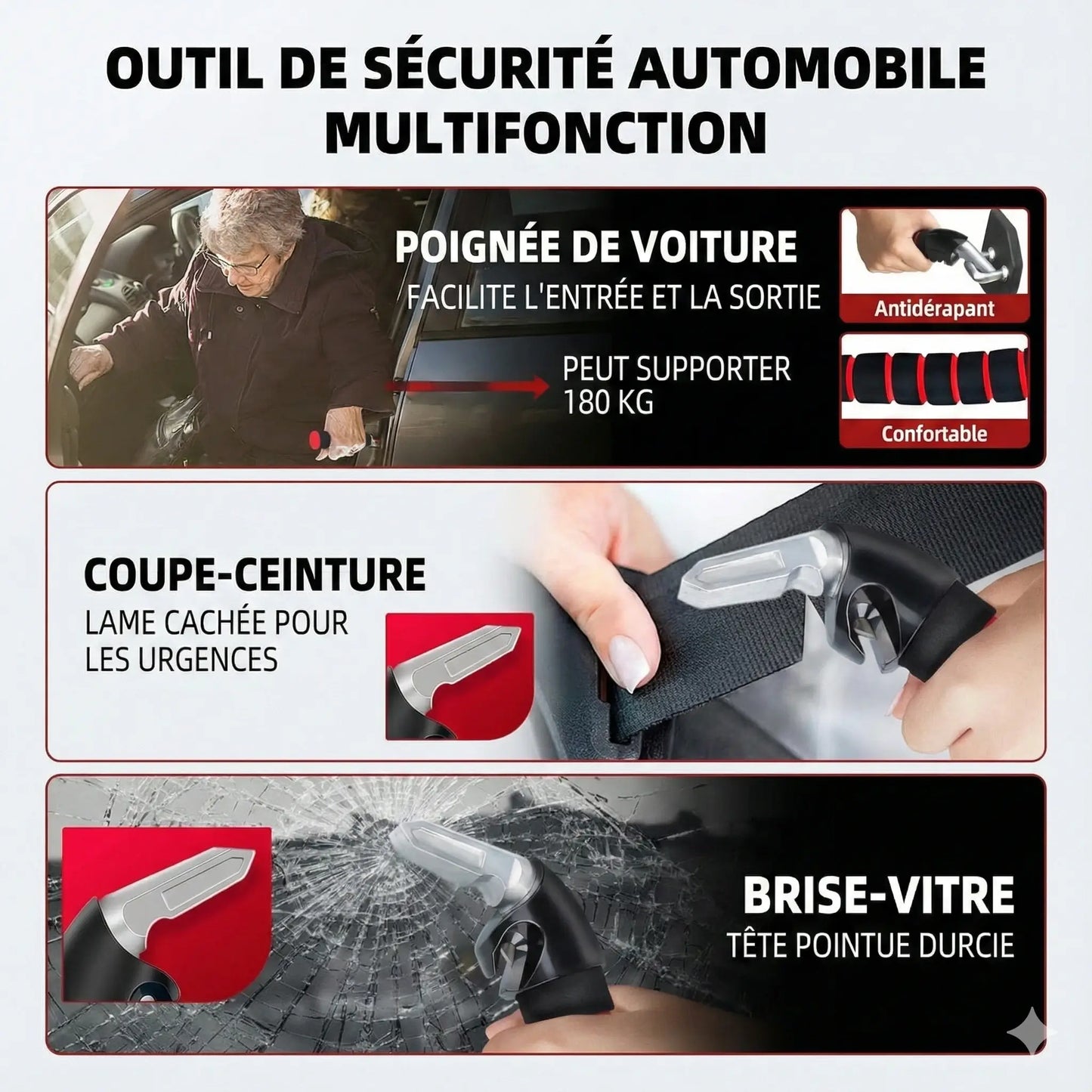 Poignée d’assistance voiture 3-en-1 – Support 159 kg + Brise-vitre + Coupe-ceinture