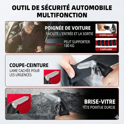 Poignée d’assistance voiture 3-en-1 – Support 159 kg + Brise-vitre + Coupe-ceinture