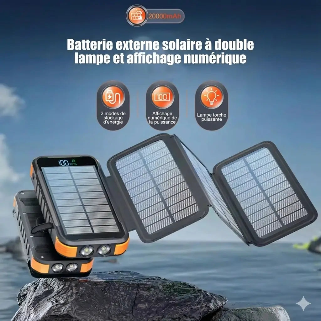 Batterie Externe Solaire 20 000 mAh – 4 Panneaux Pliables