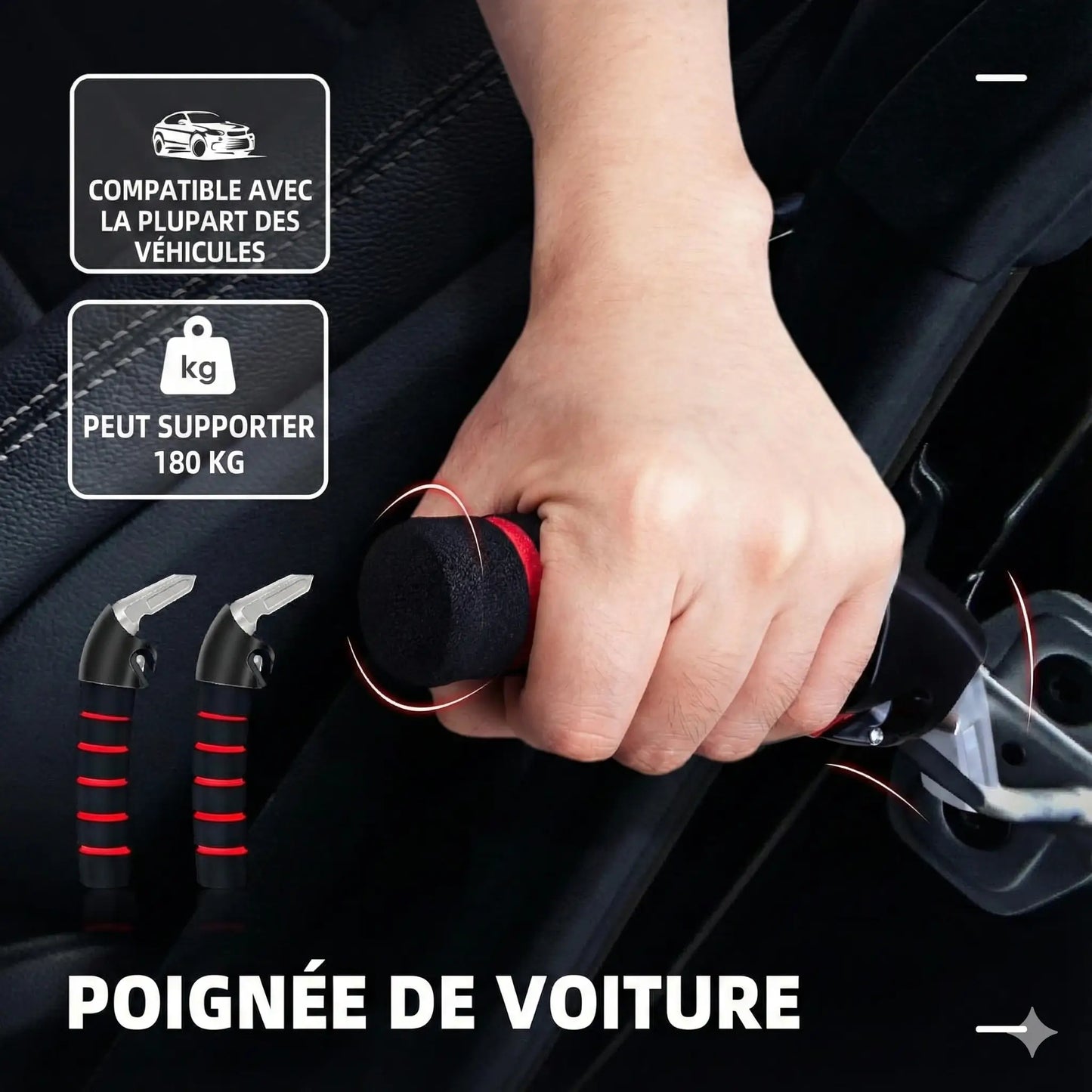 Poignée d’assistance voiture 3-en-1 – Support 159 kg + Brise-vitre + Coupe-ceinture
