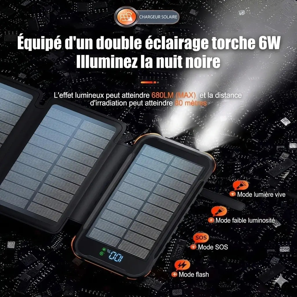 Batterie Externe Solaire 20 000 mAh – 4 Panneaux Pliables