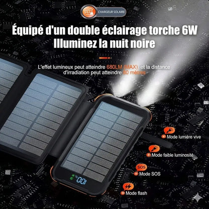 Batterie Externe Solaire 20 000 mAh – 4 Panneaux Pliables