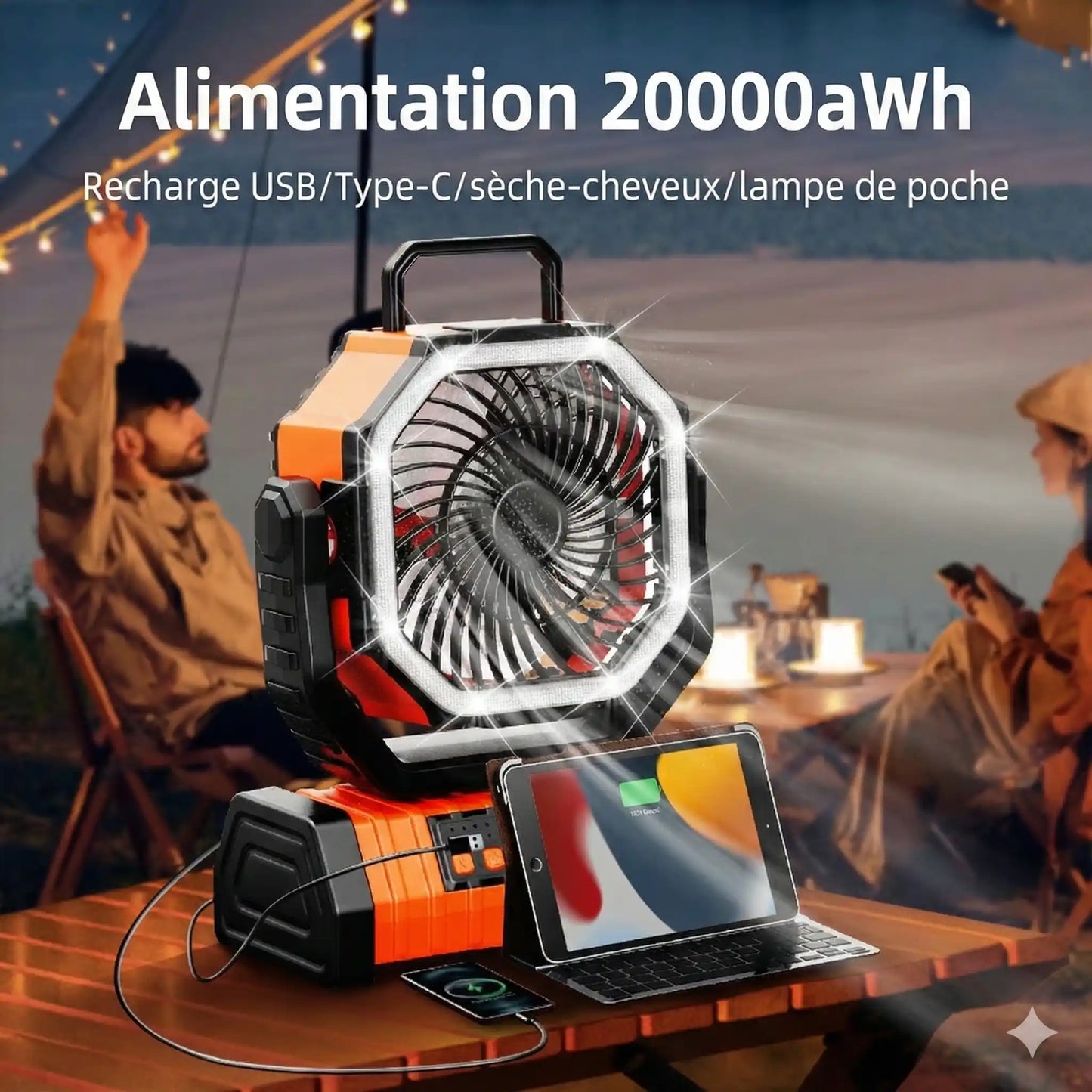 Ventilateur de Camping Rechargeable + LED 6000K – IP65 – 20 000 mAh (USB/Solaire)
